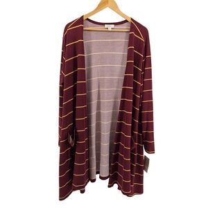 LuLaRoe Burgundy Gold Stripe Long Sleeve Open Cardigan Duster Pockets Sz 3XL